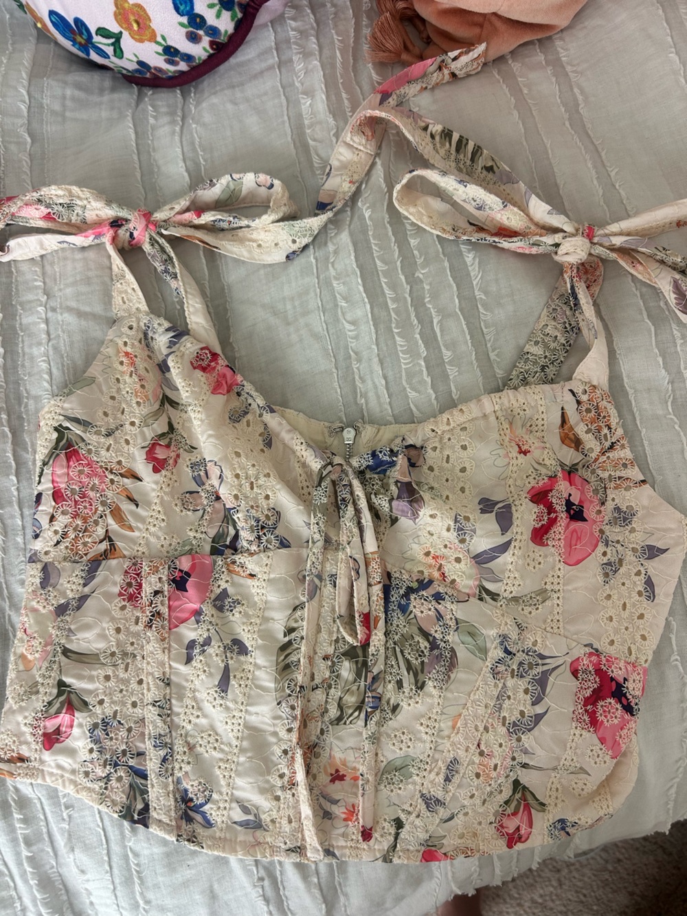 Floral Eyelet Tie-Strap Top - Cream with Pink & Green Floral Print